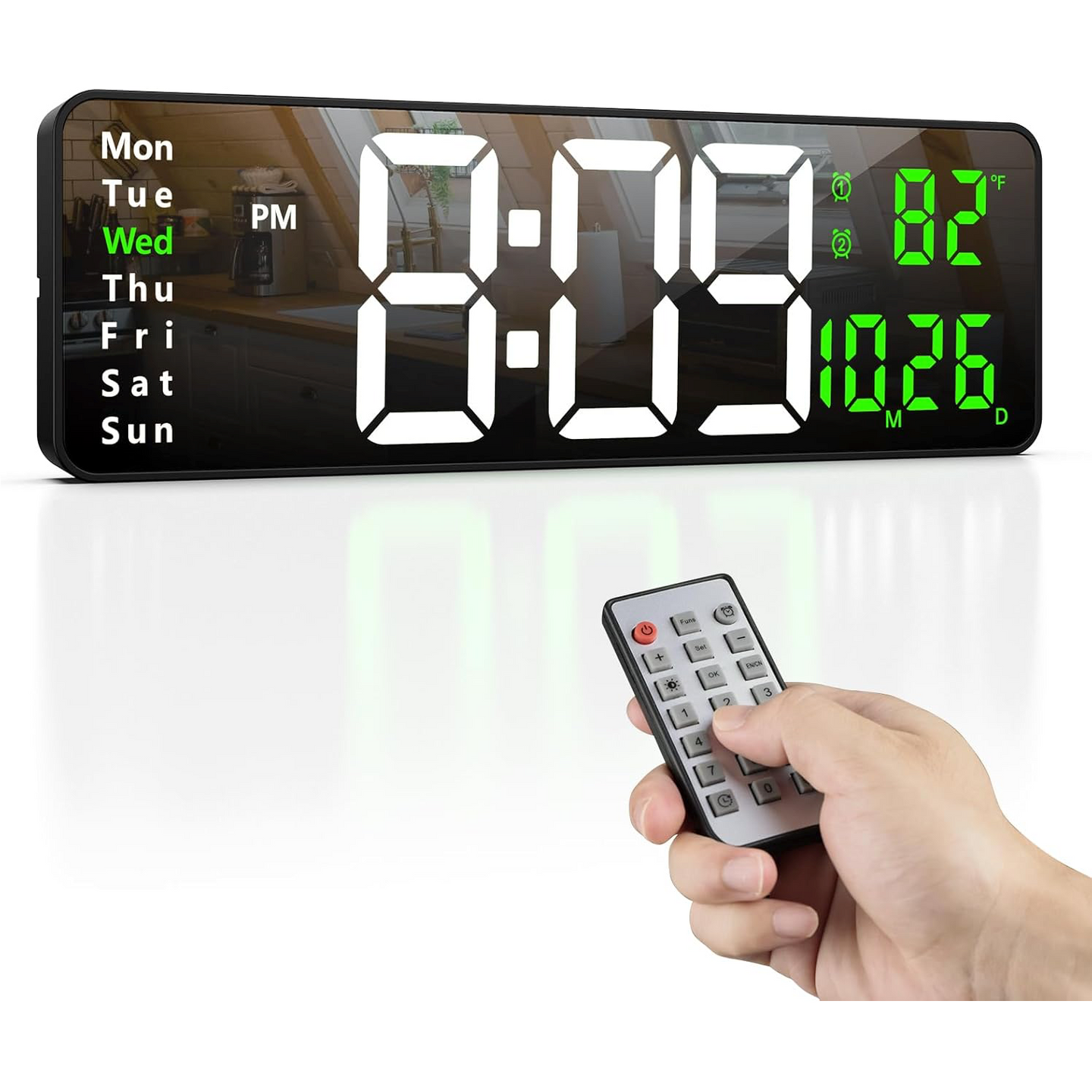 Ceas digital de perete cu afișaj LED mare 38.7cm – dată, temperatură, alarmă, ziua săptămânii, telecomandă inclusă