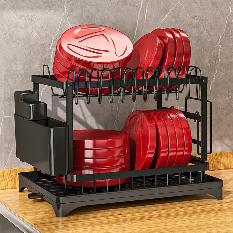 Scurgator vase, cu suport pentru tacamuri si pahare, design compact, negru, dimensiuni: 42 x 29 x 29 cm