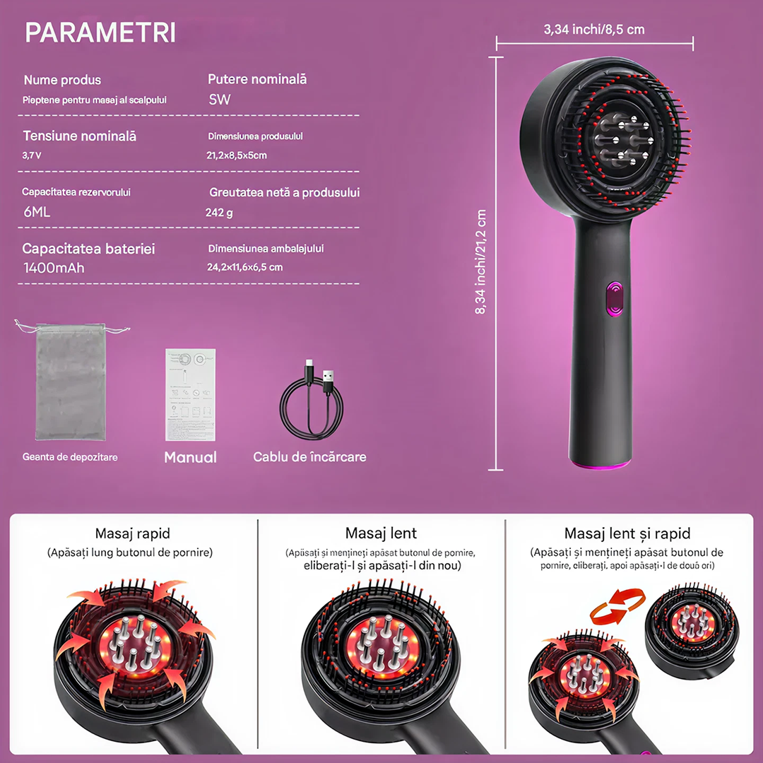 Perie Electrica Masaj Scalp 630nm LED Infrarosu,3 Moduri Masaj,Aplicator Ulei 6 ml