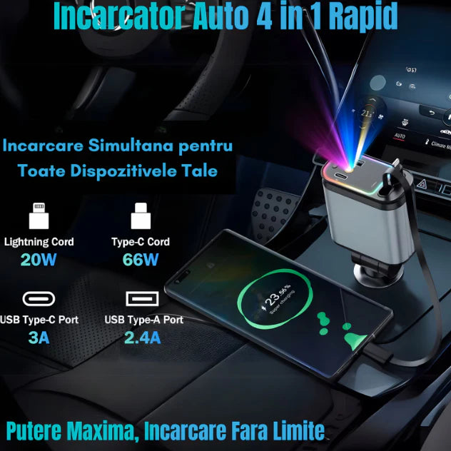 Incarcator auto retractabil 4-in-1 Fast Charge, 2 cabluri retractabile lightning & type-C, Iluminare RGB, proiectie stelara laser
