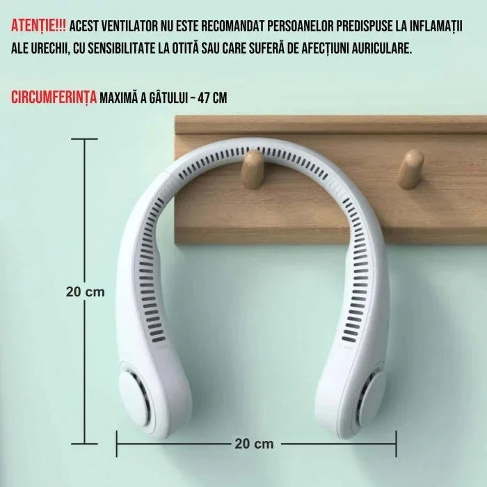 Mini-ventilatorul portabil pentru gât, cu acumulator și 3 trepte de viteză!