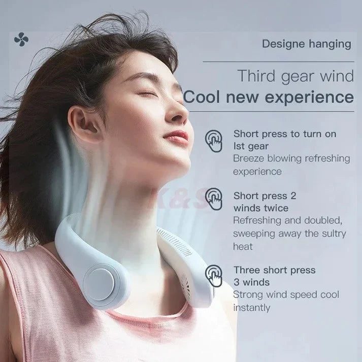 Mini-ventilatorul portabil pentru gât, cu acumulator și 3 trepte de viteză!