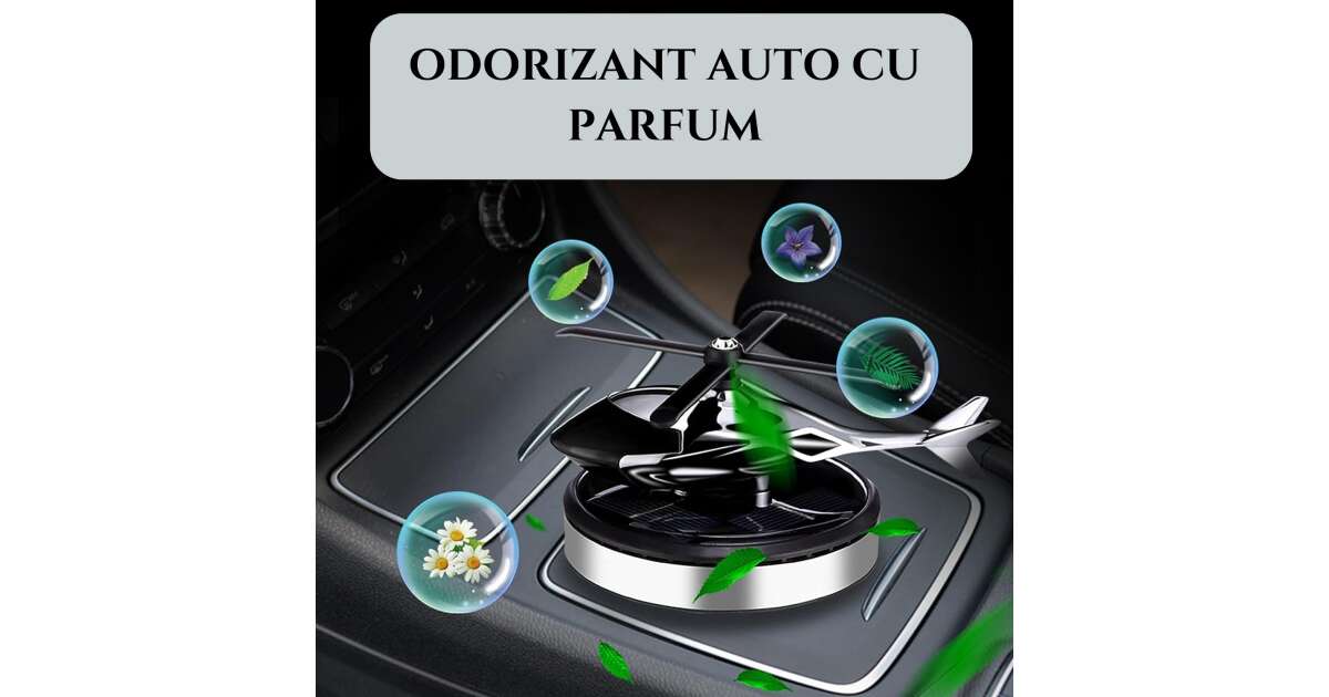 Odorizant auto cu incarcare solara, baza antideranpanta, ulei esential si pipeta incluse, model elicopter