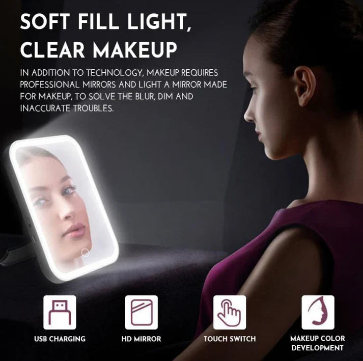 Oglinda de machiaj cu LED, ecran tactil, 3 tipuri de lumina, portabila, suport pliabil
