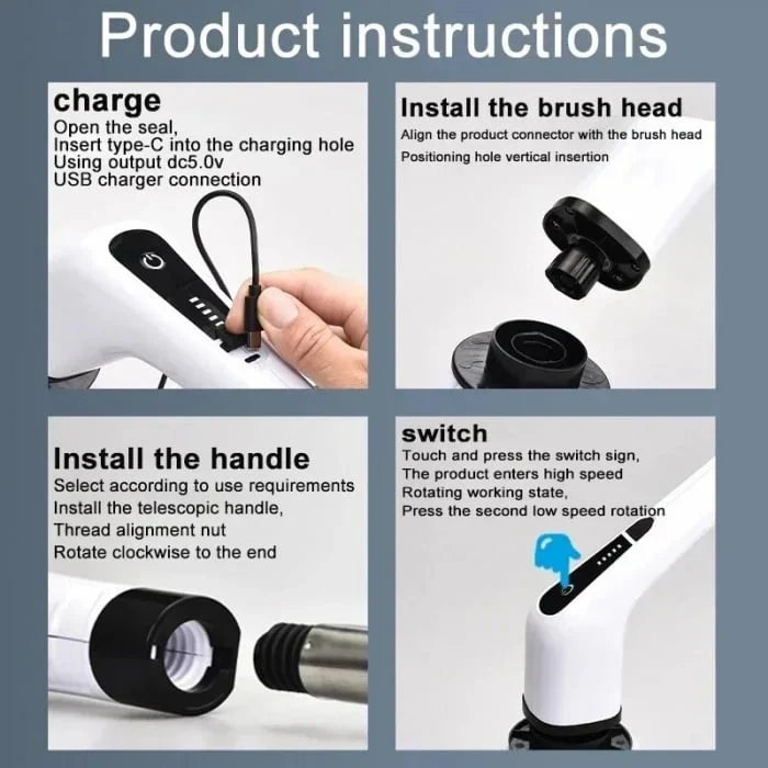 Perie electrică rotativă pentru curățenie – 9 capete, 450 RPM, 2 viteze, mâner extensibil și incărcare USB