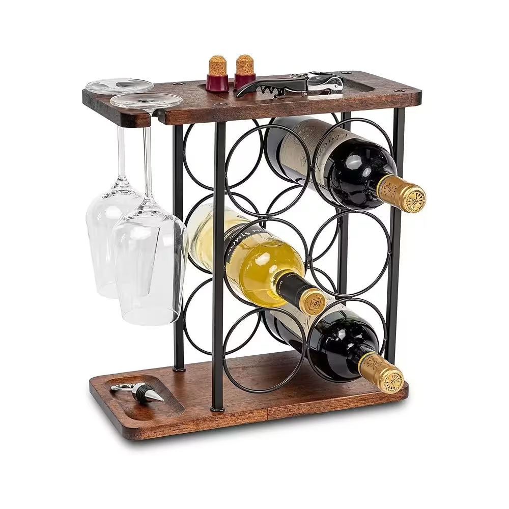 Raft metalic pentru 6 sticle de vin, cu suport pentru 2 pahare si blat din lemn