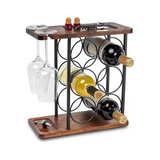 Raft metalic pentru 6 sticle de vin, cu suport pentru 2 pahare si blat din lemn