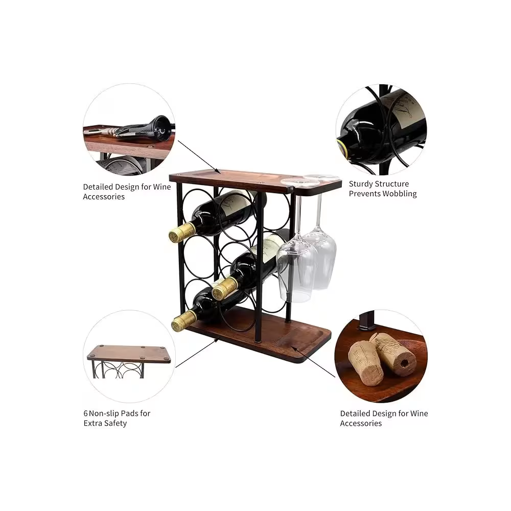 Raft metalic pentru 6 sticle de vin, cu suport pentru 2 pahare si blat din lemn