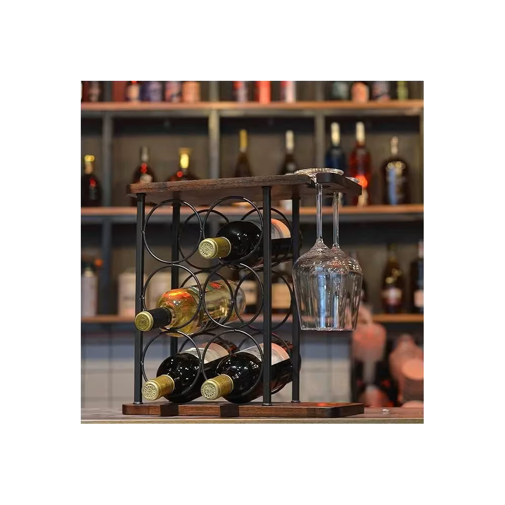 Raft metalic pentru 6 sticle de vin, cu suport pentru 2 pahare si blat din lemn