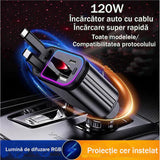 Incarcator auto retractabil 4-in-1 Fast Charge, 2 cabluri retractabile lightning & type-C, Iluminare RGB, proiectie stelara laser