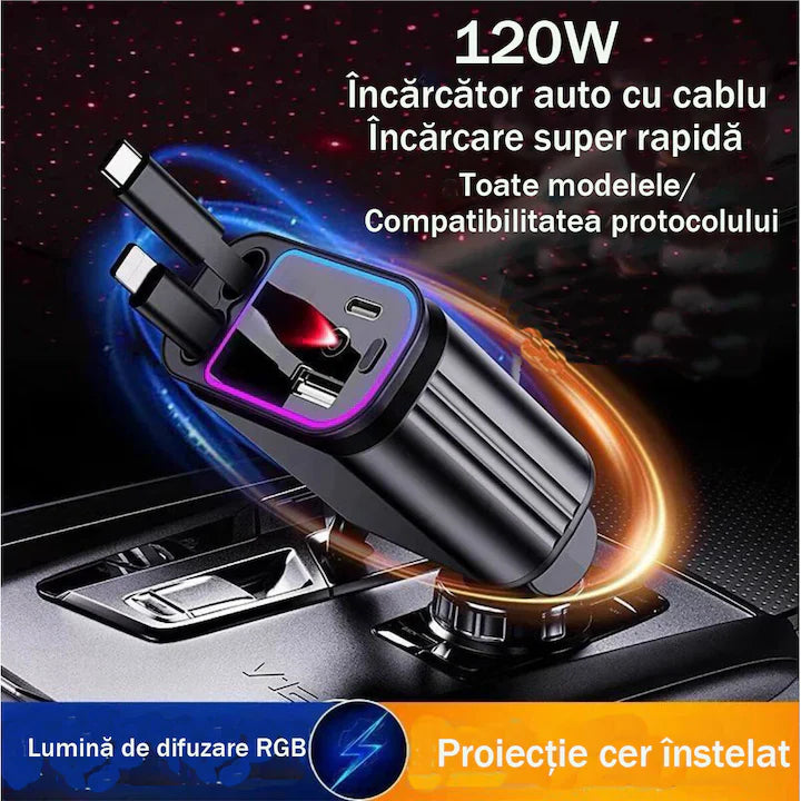 Incarcator auto retractabil 4-in-1 Fast Charge, 2 cabluri retractabile lightning & type-C, Iluminare RGB, proiectie stelara laser
