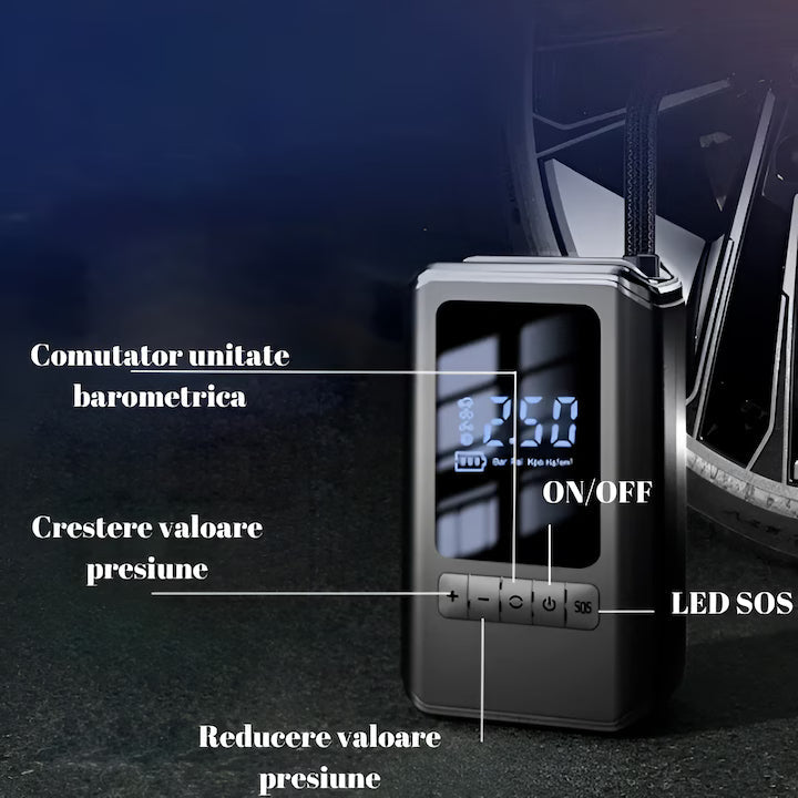Compresor portabil 150 PSI (10,3 bar), afisaj digital LCD, lanterna LED, baterie 4000 mAh