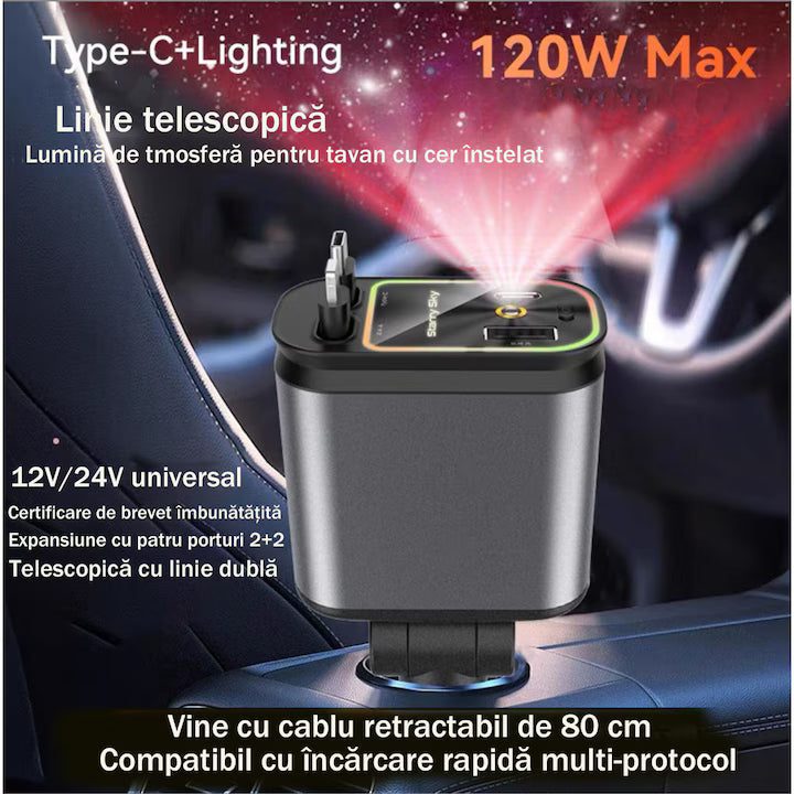 Incarcator auto retractabil 4-in-1 Fast Charge, 2 cabluri retractabile lightning & type-C, Iluminare RGB, proiectie stelara laser