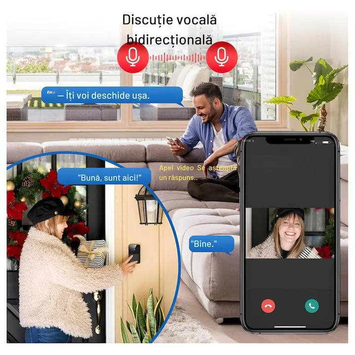 Sonerie video cu camera Wireless 720P, microfon bidirectional, alerta vizuala, WiFi