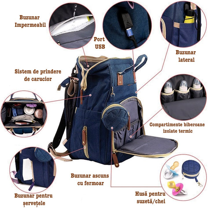 Geanta/rucsac,cu port USB si 14 compartimente, textil, 40 x 30 x 14 cm, multicolor