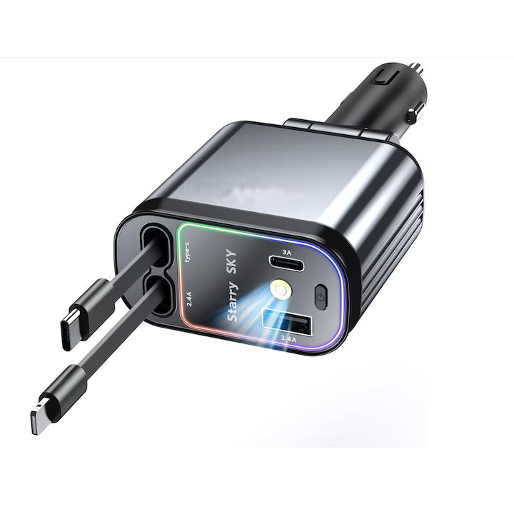 Incarcator auto retractabil 4-in-1 Fast Charge, 2 cabluri retractabile lightning & type-C, Iluminare RGB, proiectie stelara laser