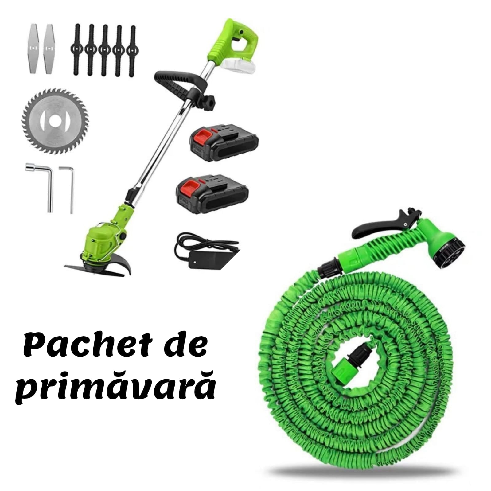 Pachet de primavara! Motocoasa electrica cu 2 acumulatori+ CADOU Furtun extensibil 30 metri