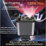Incarcator auto retractabil 4-in-1 Fast Charge, 2 cabluri retractabile lightning & type-C, Iluminare RGB, proiectie stelara laser