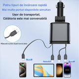 Incarcator auto retractabil 4-in-1 Fast Charge, 2 cabluri retractabile lightning & type-C, Iluminare RGB, proiectie stelara laser